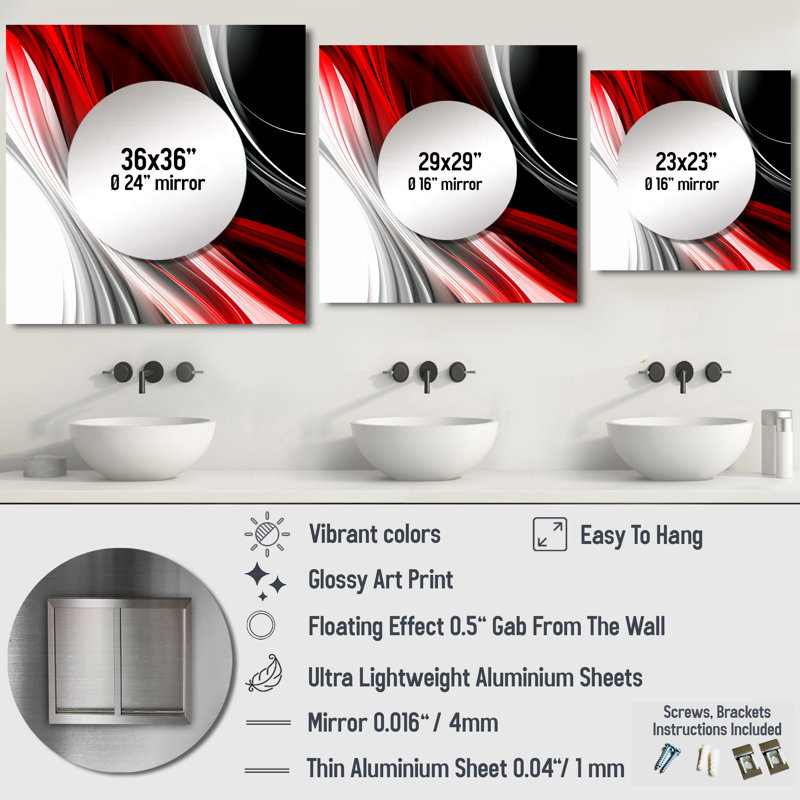 Red Black Infinite Ripples I - Modern Waves Square Mirror Wall Decor For Bedroom, 23" x 23"