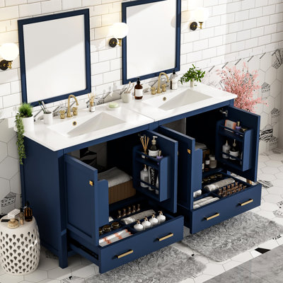 Meuble-lavabo de 60 po en bleu, avec double meuble-lavabo et options de rangement pratiques - Simplifiez la construction durable de vos éviers en céramique