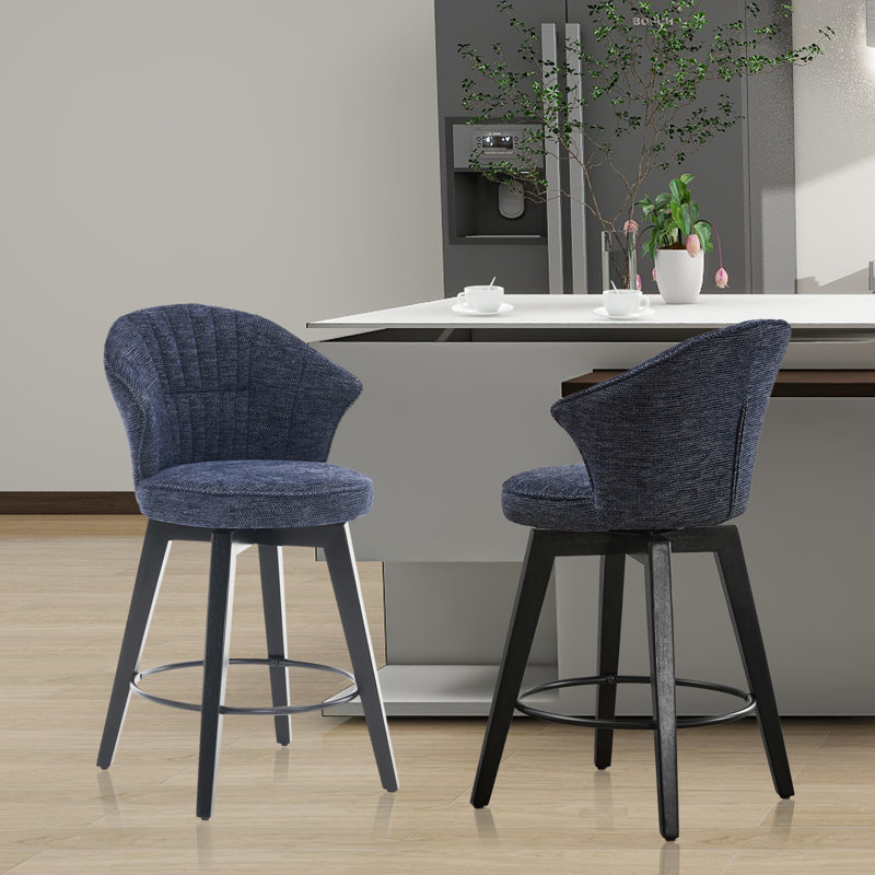 Set of 2 Counter Height Swivel Bar Stools with Chenille Upholstery and Wide Back, Kitchen Island Chairs with Metal Legs, Blue