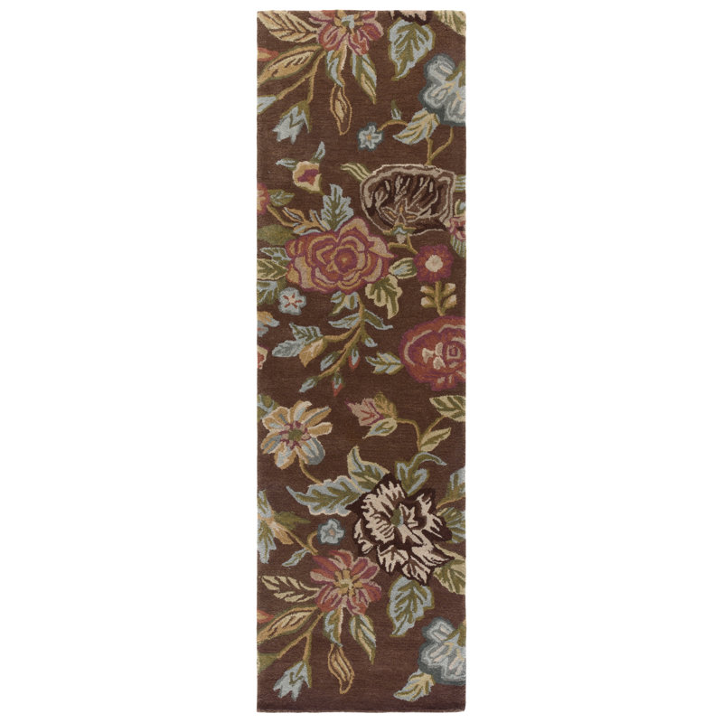 Tapis en laine, coton et latex brun à motif floral crocheté à la main Emrick, Tapis de couloir 2 pi 3 po x 6 pi