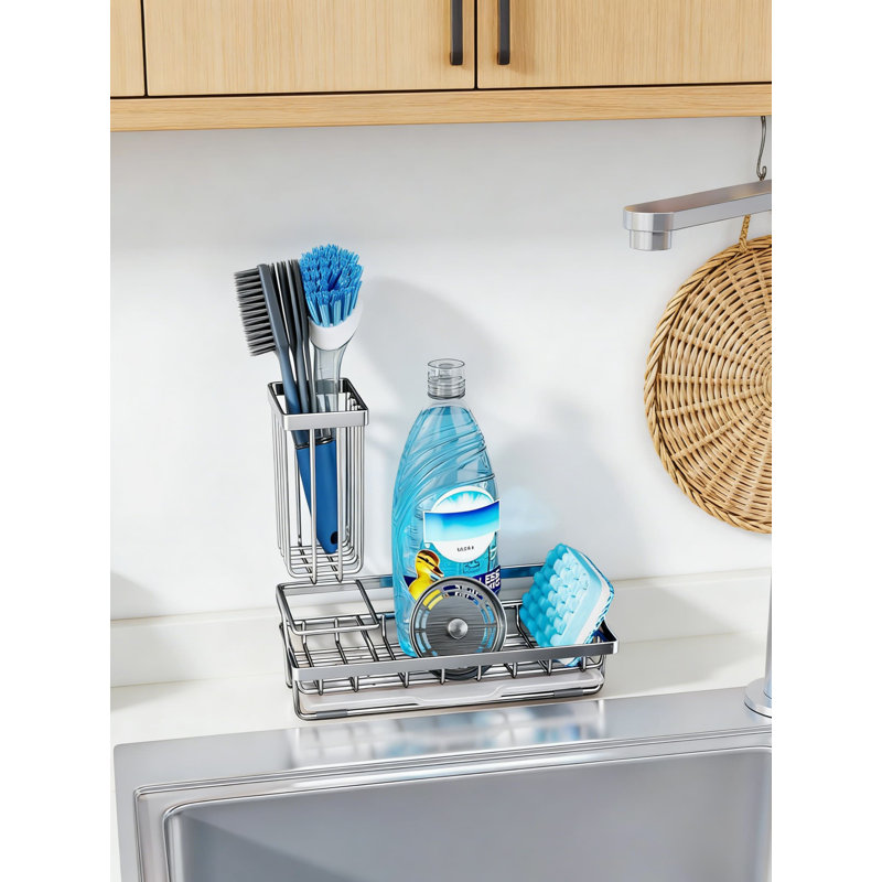 Porte-éponge de cuisine en acier inoxydable et brosse à vaisselle avec ramasse-gouttes - Organisateur de comptoir pour accessoires d'évier, savon et outils de nettoyage