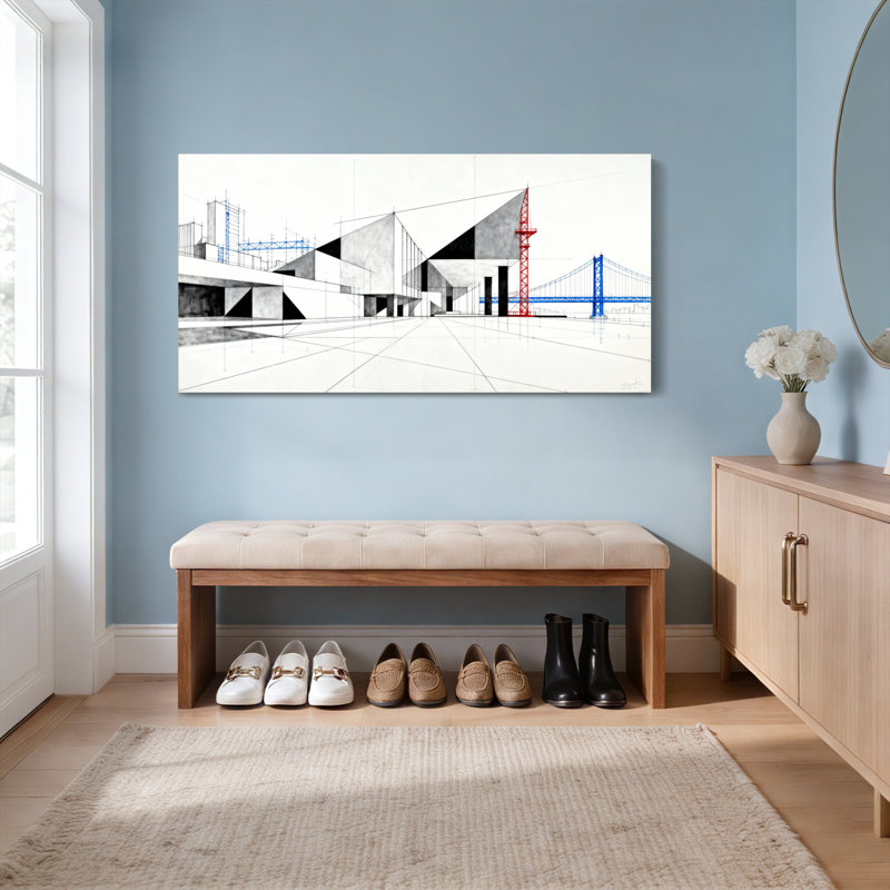 «Architectural Blueprint Cityscape», ensemble de 1 reproduction d'art sur toile tendue, H 12 po x l 36 po