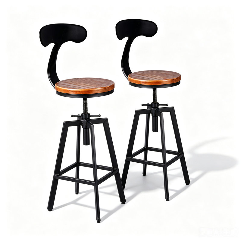 Industrial Bar Stool-Adjustable Swivel Wood Metal Stool With Backrest,Black,Fully Welded (Brown Wooden Top With Iron Backrest)