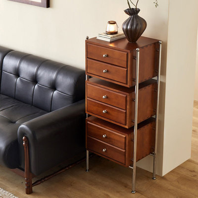 21.26" Vintage Brown Tall Solid Wood 6 Drawer Chest with Stainless Steel Frame, Layered Storage Cabinet