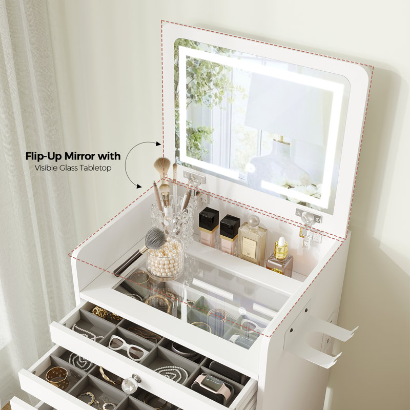 Nykee Vanity With Flip Top Mirror & Power Outlets & Soft Stool, White