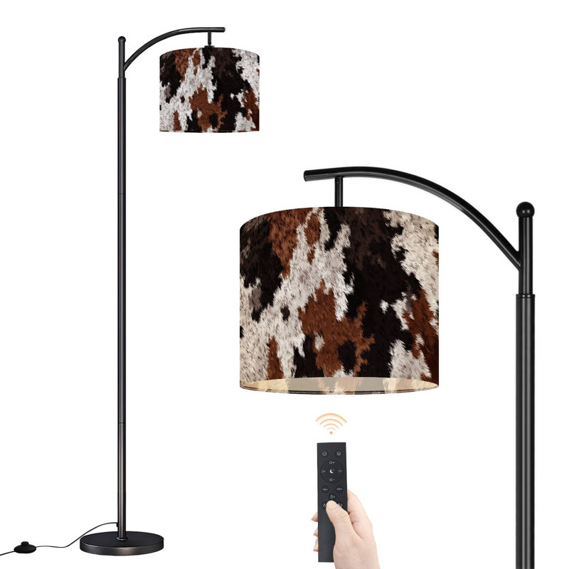 Arc Floor Lamp with Adjustable Lampshade Texas Longhorn cow hide design big brown spots Standing Lamp 3 Color Temperatures Dimmable Tall Pole Lamp with Foot Switch for Bedroom