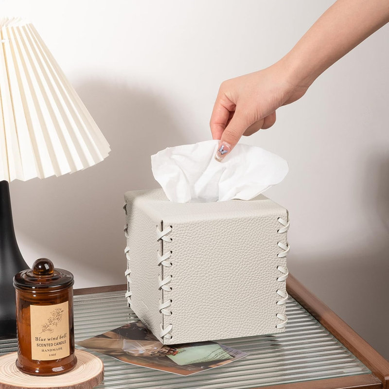 PU Leather Tissue Holder Square Decorative Home Decor Cube Boxes, Light Grey