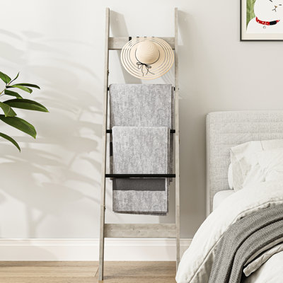 Blanket Ladder for Living Room, Decorative Quilt Rack with 4 Removable Hooks, 5-Tier Farmhouse Ladder Holder Shelf Organizer for Bedroom, Greige