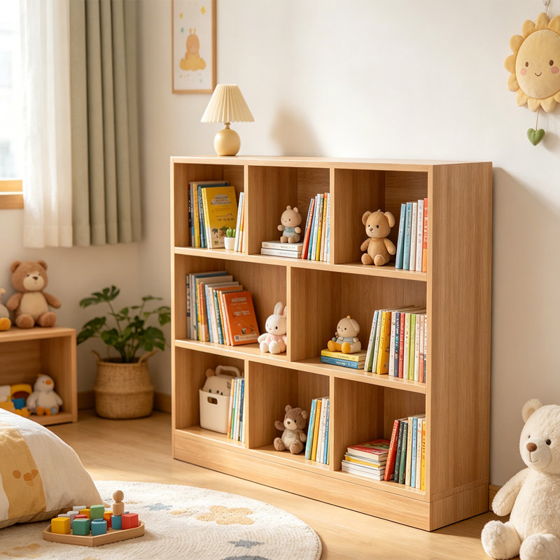 Bibliothèque en bois à 3 niveaux, armoire de présentation au sol avec base, bibliothèque 8 cubes, Naturel