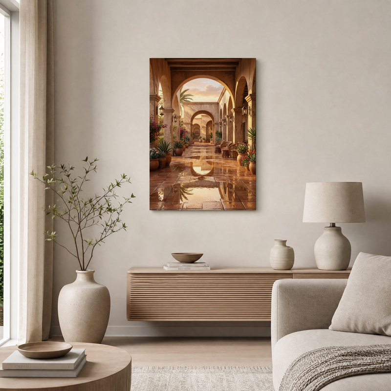 «Terracotta Arched Walkway with Pots Plants», art mural sur toile, H 40 po x l 28 po