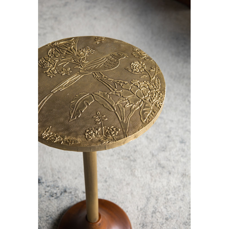 D12X24" Slender Brass Side Table With Textured Gold Top And Wooden Pedestal Base