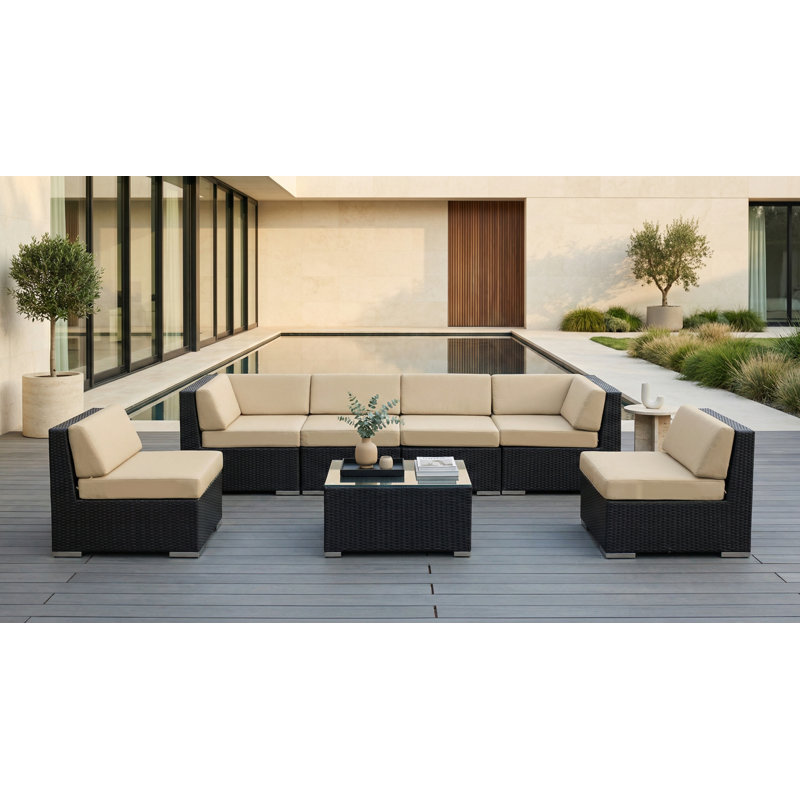 Ensemble de conversation en osier pour 6 personnes avec coussins Barneveld - sans assemblage, Polyester beige, Noir