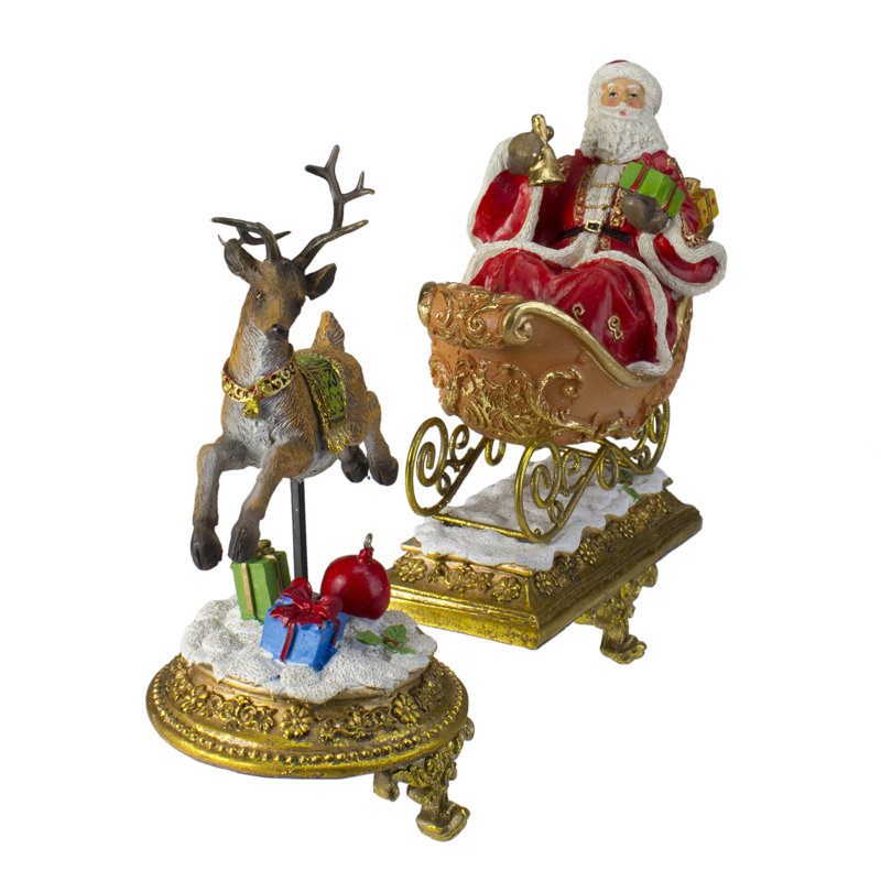 Gold Santa and Reindeer Glittered Christmas Stocking Holders Set