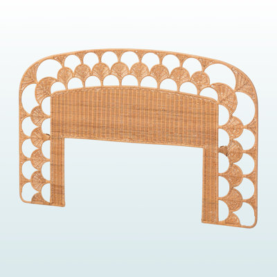 Amancio Handwoven Wicker Standalone Headboard, Natural Rattan with Scalloped Fan Design, Queen