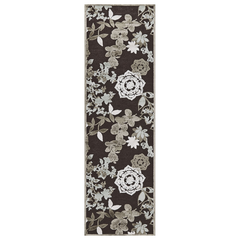Tapis floral chocolat / blanc Champine, Tapis de couloir 2 pi 6 po x 8 pi