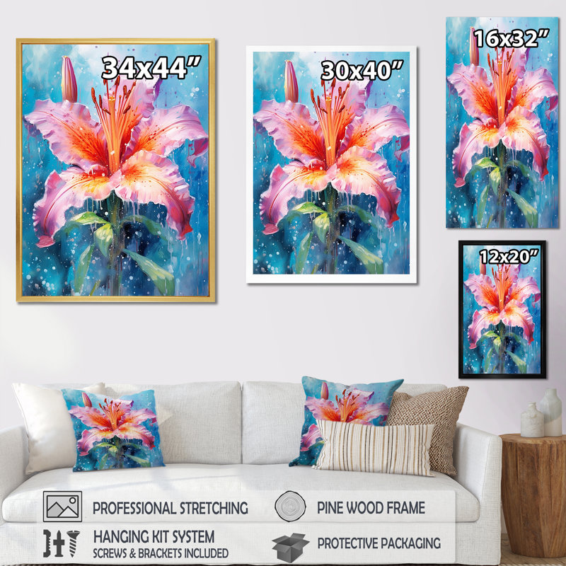" Watercolor Coral Lily Flower Tranquility ", Gold Single Picture Framed, 32" H x 16" W x 1" D