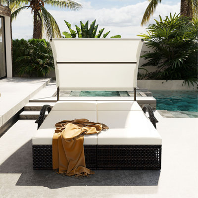 U_STYLE Outdoor Steel Frame Sun Lounger with Adjustable Backrest,Patio Double Sunbed with Hidden Side Table and Arched Armrests