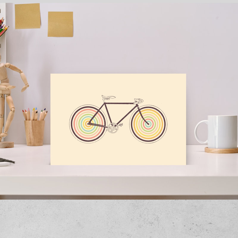 Impression d'art abstrait géométrique coloré sur un vélo rétro coloré, 12" H x 18" W