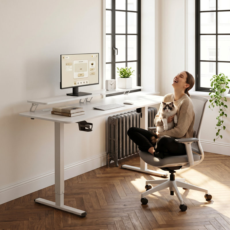 Kreutzer Height Adjustable Standing Gaming Desk, White/White, 28.7" H x 62.99" W x 23.62" D