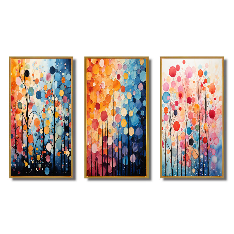 «Mid Century Retro Rhythms», 3 pièces sur toile, H 40 po x l 60 po, Cadre flottant doré