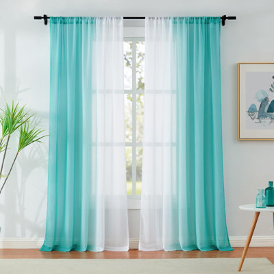 Rideaux en mousseline voilage bleu sarcelle ombré, 2 panneaux de 213 cm de long, pour chambre de fille, avec passe-tringle.