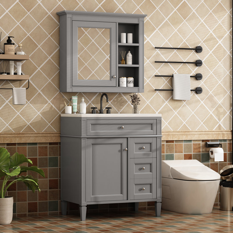  Vanity with Sink, Cabinet with 2 Drawers and Tip-out Tray, Freestanding Set with Mirror Cabinet