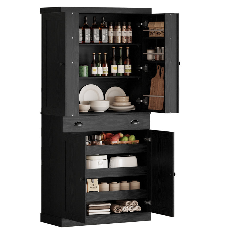 Kitchen Pantry Cabinet With Sliding Storage Rack And 6 Hanging Shelves, Black