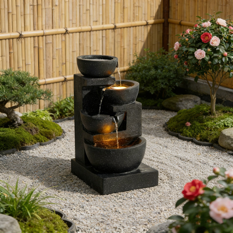 29-Inch Terrazzo Style 4-Tier LED Water Fountain | Indoor & Outdoor Cascading Bowls Waterfall For Serene Garden & Patio