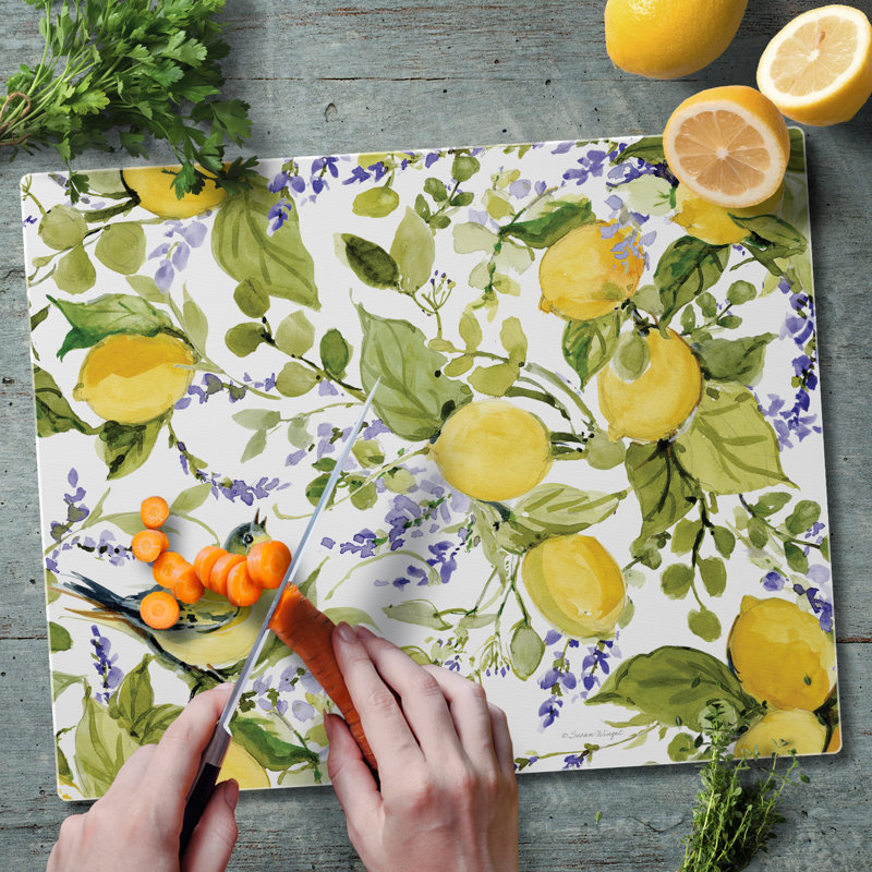 Watercolor Lemons Tempered Glass Cutting Board with Non-Slip Feet