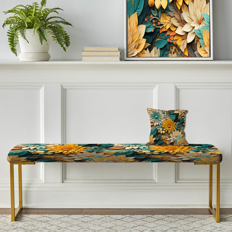 Banc rembourré or, Chrysanthemums Mandala Boho Pattern
