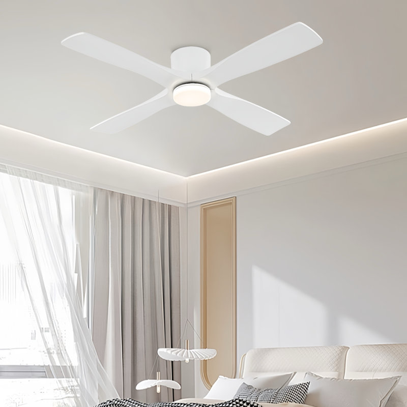 4 Solid Wood Blades Indoor Flush Mount Ceiling Fan With Light Kit And Remote, 48" Wide, White with White Blades