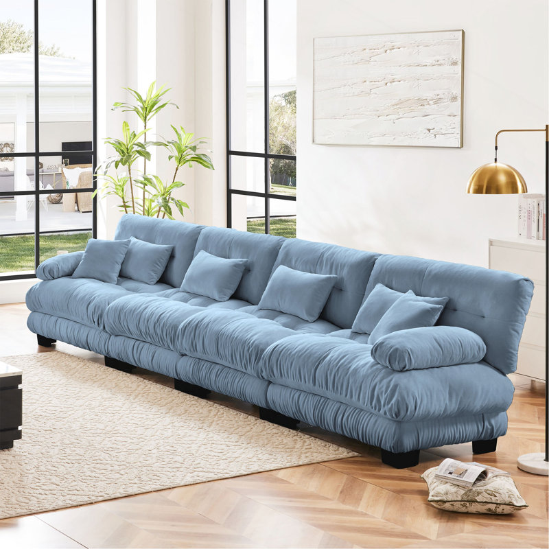 Canapé modulaire 4 places à assise profonde, canapé en chenille, canapé rembourré confortable pour salon, appartement, studio, bureau, bleu chenille