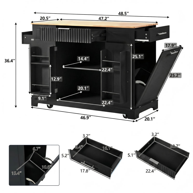 Fluted Kitchen Island with Trash Bin Storage Cabinet, Power Outlet, Internal Storage Compartment, 5-Wheel Mobility, 3 Drawers, and 3 Open Side Racks – Accommodates 10-Gallon Garbage Bin, Black Finish