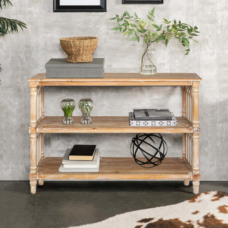 Console rustique à 3 niveaux de 122 cm de long, idéale pour l'entrée, le corridor et le salon. Conception polyvalente, adaptée à plusieurs espaces, en bois, avec beaucoup d'espace de rangement.