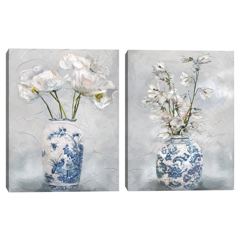 Elegant Blue and White Chinoiserie Floral Canvas Wall Art Set