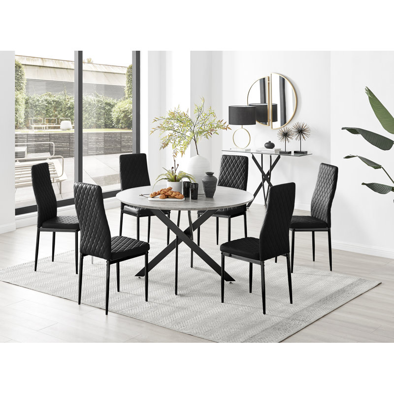 Tierra Modern Concrete Effect and Chrome Metal 6 Seat Dining Table Set - Luxury Velvet Dining Chairs, Black, Black