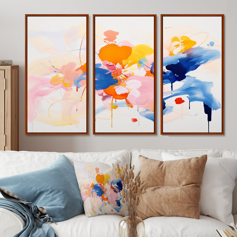 Ensemble de salon art mural abstrait bleu et rose, Cadre flottant brun, H 32 po x l 48 po x P 1 po