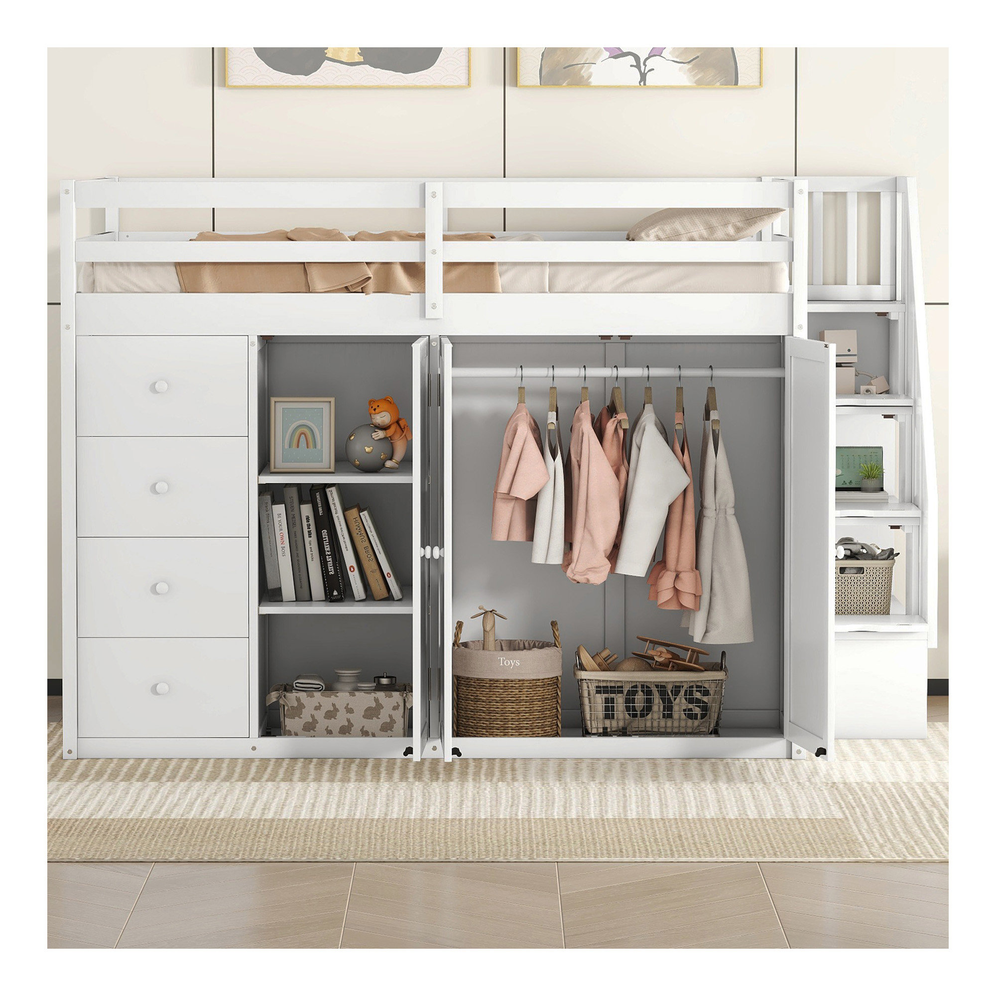 Harriet Bee Full Size Wood Loft Bed With Built-In Wardrobes, Cabinets ...