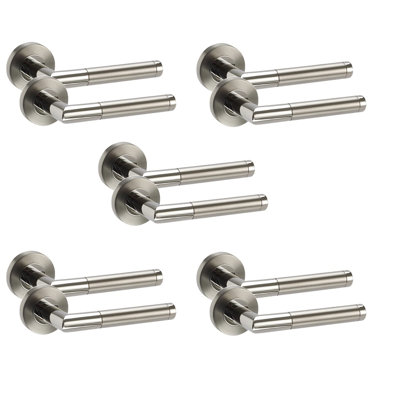 5 Pairs Mitred Design Door Handles on Round Rose in Satin Nickel Polished Chrome Finish with 2.5" Tubular Latch - 52mm Diameter