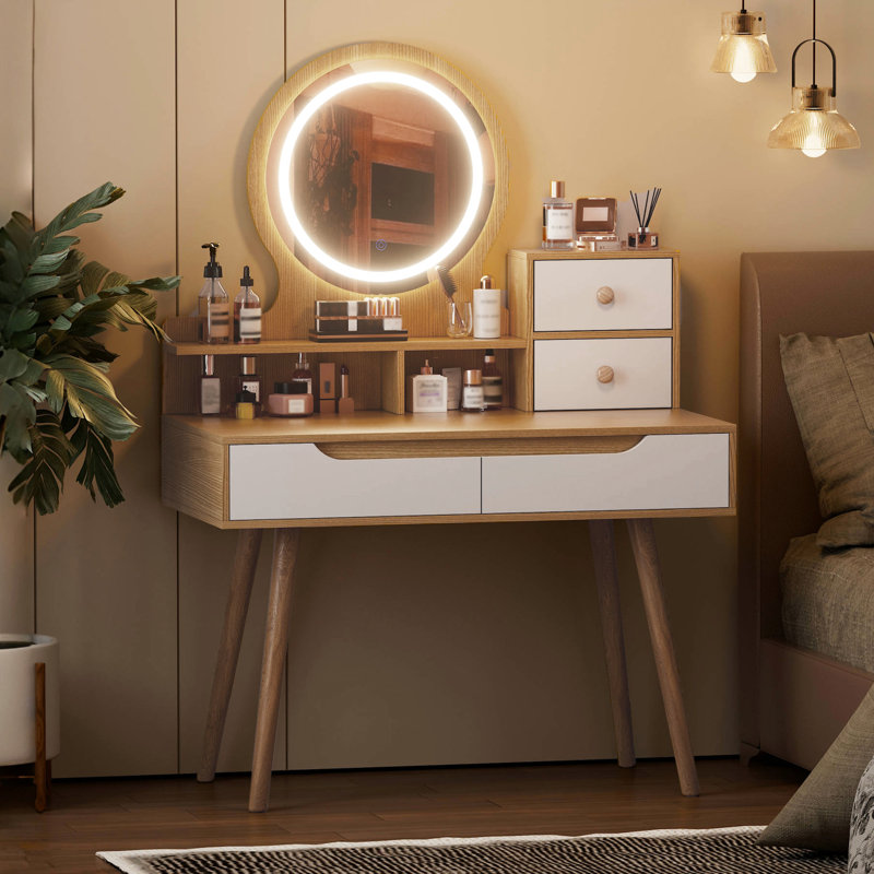 Cool Vanity Desk With 3 Open Shelves And 4 Drawer Storage For Bedroom Classy Dressing Table Drawers
