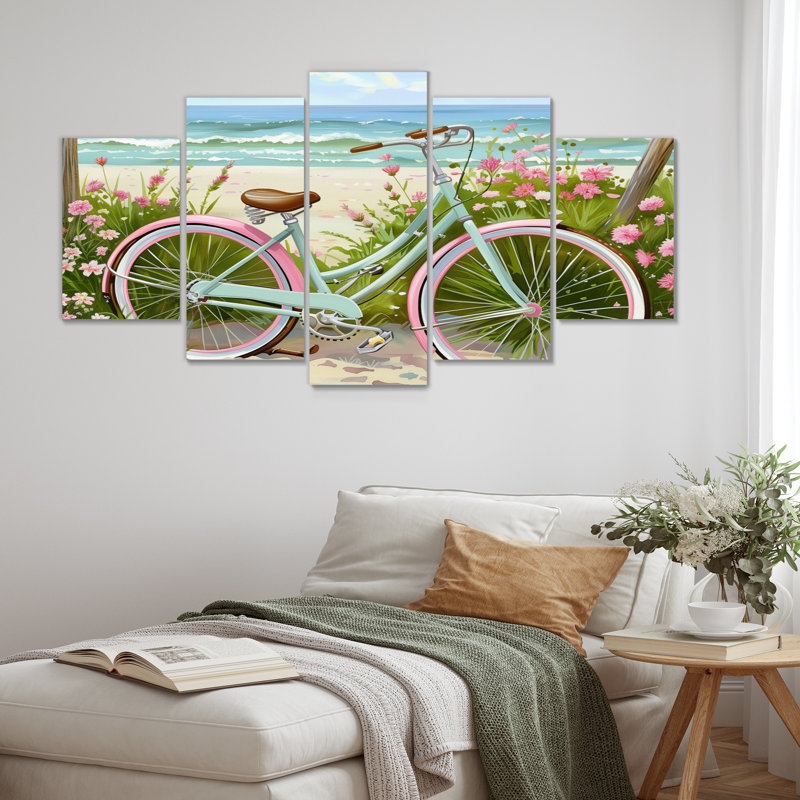 Vélo vert sur le sentier côtier floral I - ensemble de salon d'art mural côtier