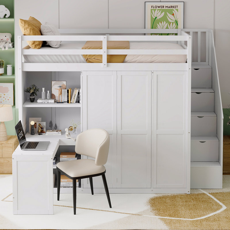 Structure de lit mezzanine pleine grandeur avec rangement pour garde-robe intégré, bureau et tablettes, finition blanche