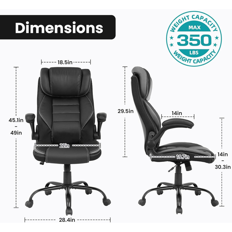 Fauteuil de bureau ergonomique, fauteuil de direction inclinable avec appui-tête réglable et soutien lombaire, accoudoirs rabattables