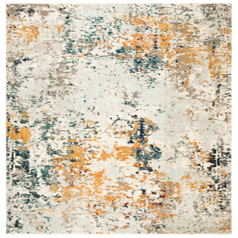 Felty Abstract Gray/Beige Area Rug, Square 4'