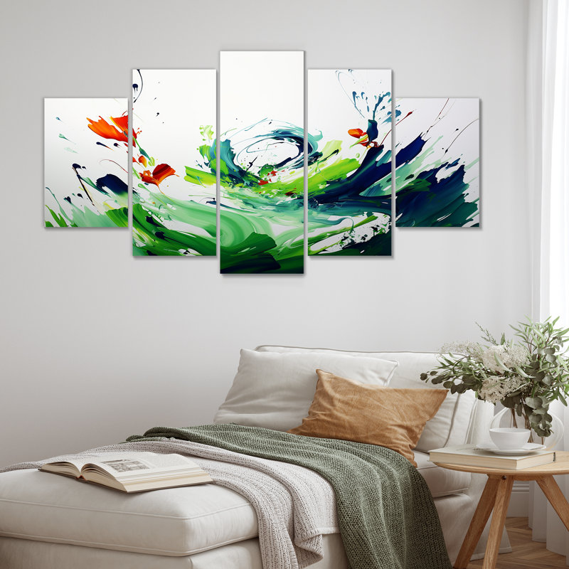 «Green and White Abstract Ink Expression I», art abstrait à multiples panneaux muraux pour le salon
