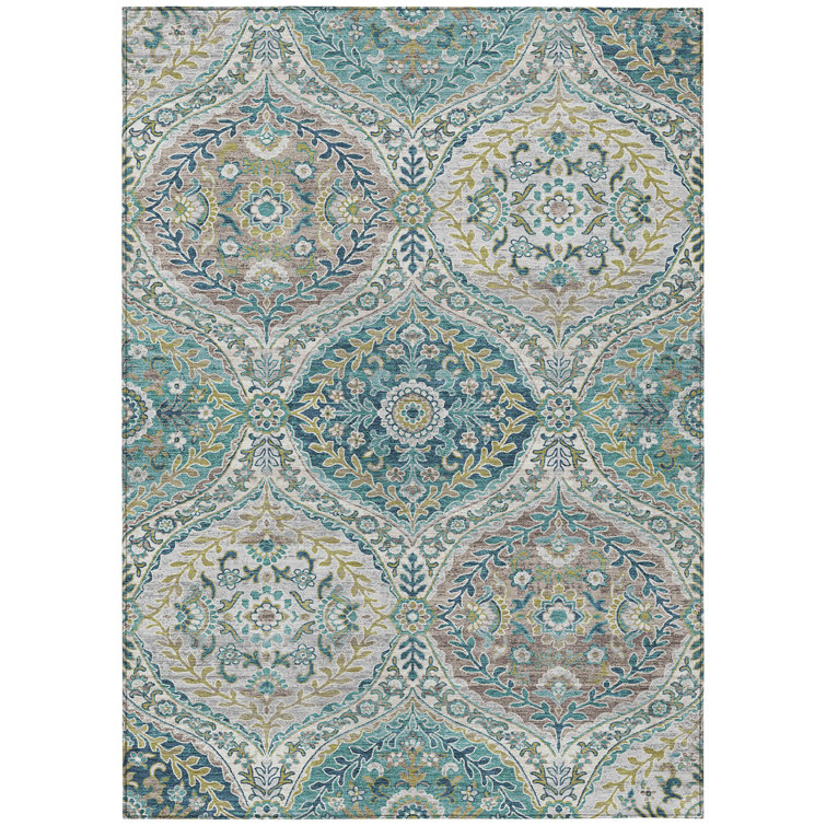 Machine Washable Indoor/Outdoor Xhevrie Teal Rug