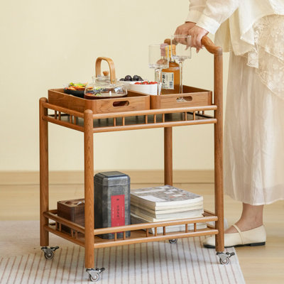 20.67" Vintage Teak Solid Wood Double‑Tier Movable Trolley, Removable Trays with Rolling Casters
