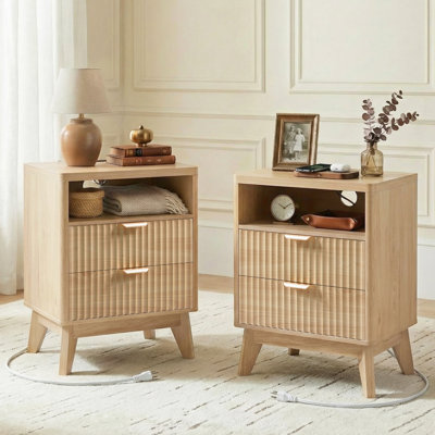 Nightstand Set of 2 with Charging Station, Narrow Wood Bedside Table Set of 2 with Storage Drawer, Modern Bedroom Nightstand, 17.7"x13.8"x23.4"