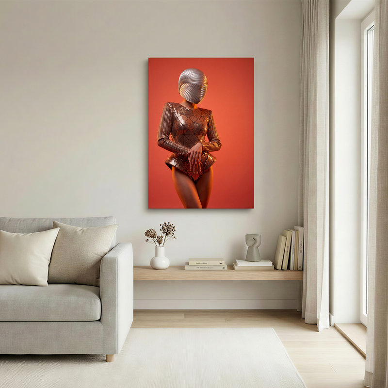 Art mural, modèle argenté en costume géométrique sur toile orange, 36"H x 24"W