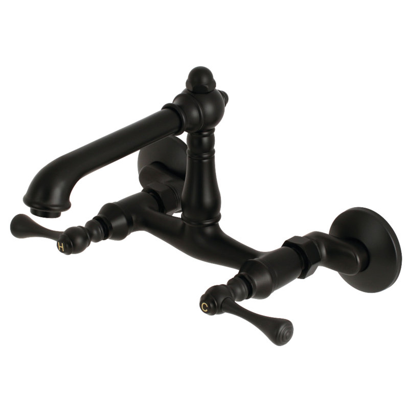 Kingston Brass English Country Double-Handle 2-Hole Wall-Mount Bridge Kitchen Faucet, Matte Black